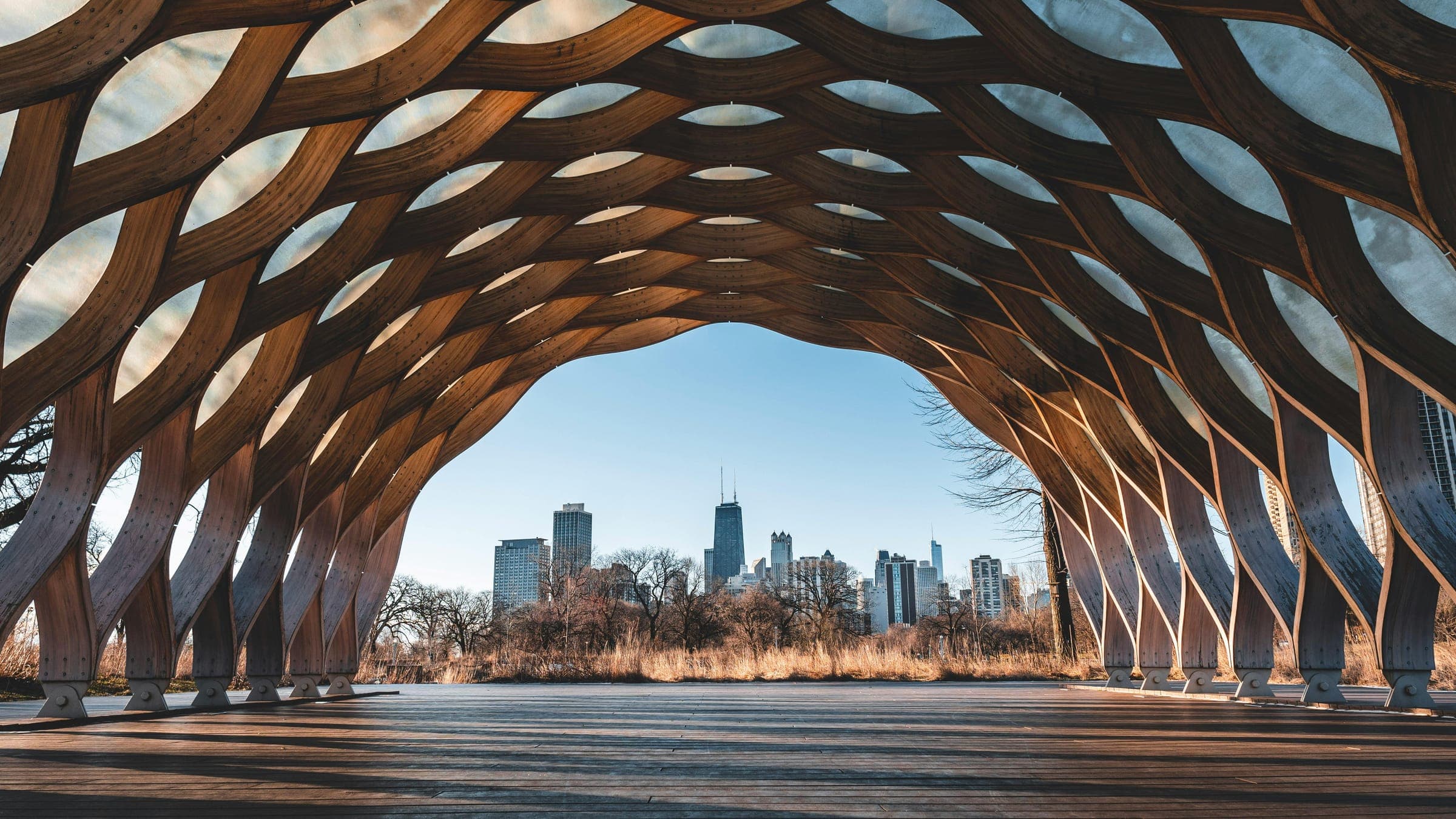 The Chicago skyline framed by the wooden arches of the South Pond Pavilion in Lincoln Park