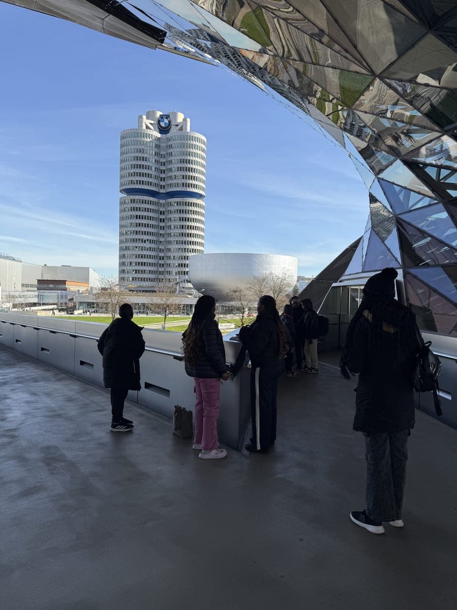 Students outside the BMW headquarters and museum in Munich