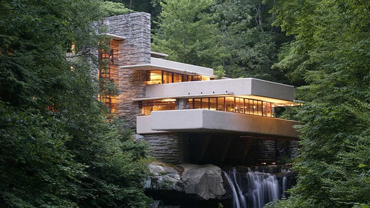 Frank Lloyd Wright's Fallingwater house above a waterfall