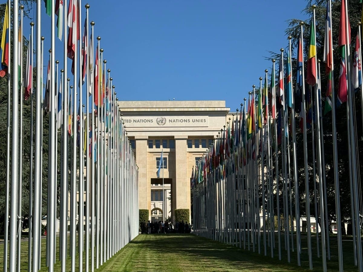 The avenue of national flags outside the United Nations building in Geneva