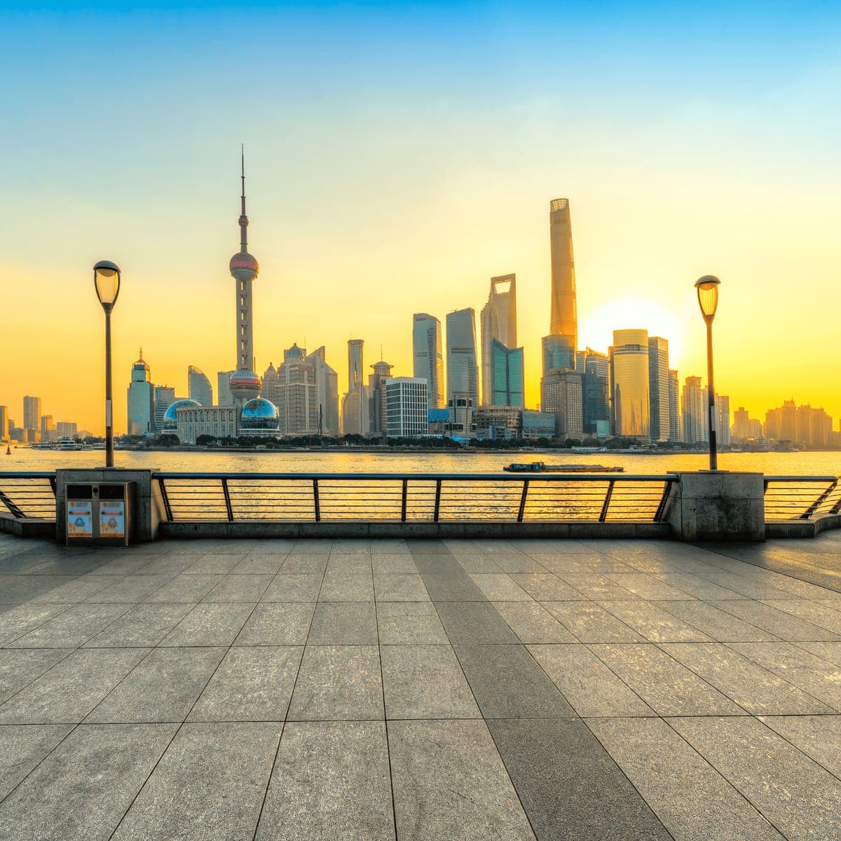 The Shanghai skyline across the Huangpu River at sunset