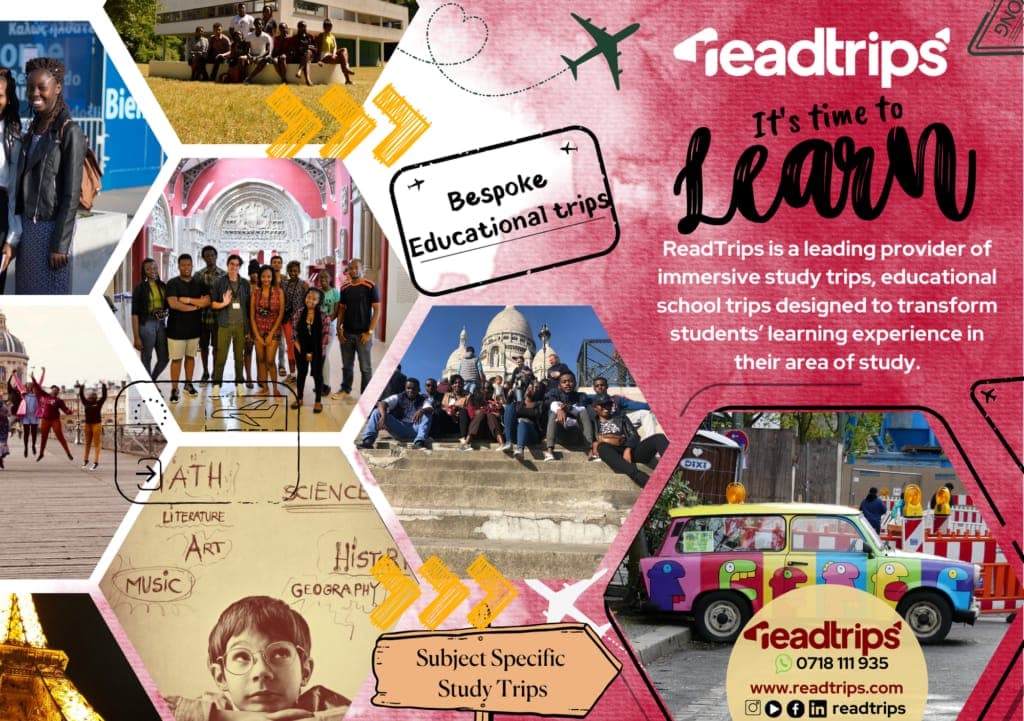 A ReadTrips collage of study trip photographs under the words It's time to learn
