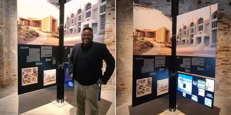 Kenyan architect Geoffrey Mosoti Nyakiongora beside his project panels at the Venice Biennale